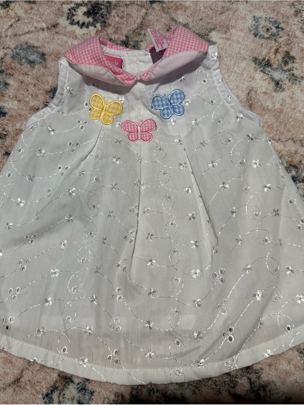 White Eyelet Baby Dress with Pink Collar & Butterfly Appliqués